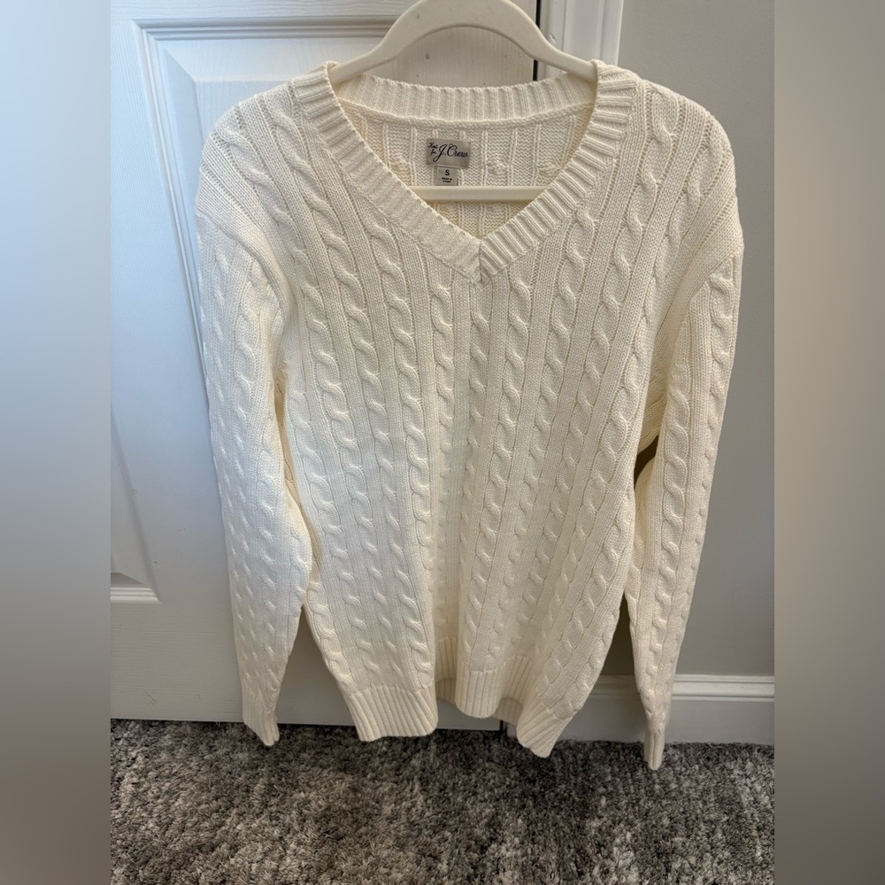 J Crew Cream Cotton Cable Knit V-Neck Sweater